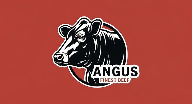 Black Angus bull head silhouette on red background.