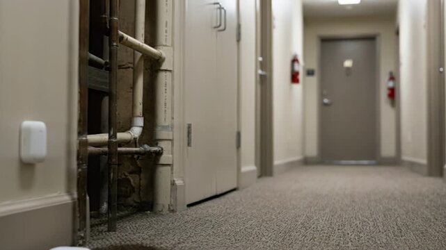 Medium shot of IoT sensors detecting water leaks in an apartment hallway with blurred pipes and walls in the background for smartbuilding risk monitoring.