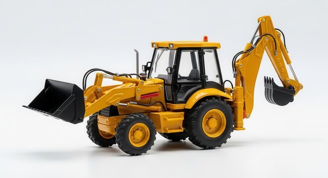 Diecast yellow backhoe loader construction vehicle model isolated on white background.