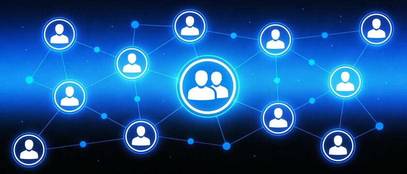 A digital illustration depicts a network of people icons interconnected by glowing blue lines on a dark background with a central focus on two individuals.