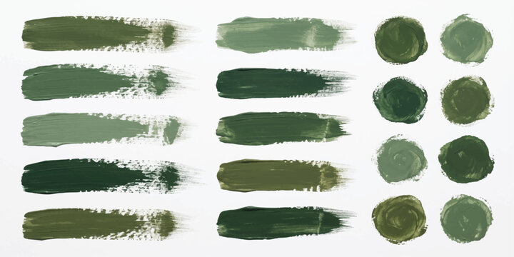 Various Shades of Green Paint Strokes: A collection of brush strokes and circular paint samples in various shades of green, showcasing different textures and opacities.