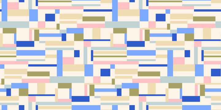 Modern abstract geometric rectangle and square shapes pastel colors seamless pattern design. Retro style mid-century mosaic blocks