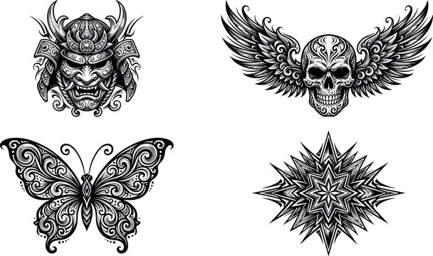 Ornate Dark Fantasy Graphic Element Set Featuring Japanese Samurai Mask Winged Skull Tribal Butterfly and Geometric Star Mandala Tattoo Designs