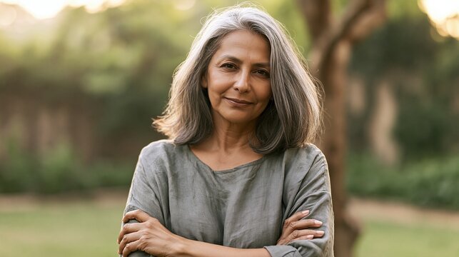 Confident mature woman with gray hair standing outdoors in a park, arms crossed, looking at camera in soft natural light