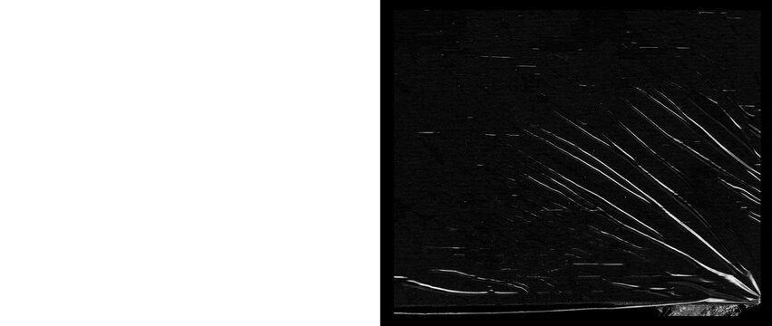 Crumpled plastic wrap texture on black background, wrinkled transparent film overlay, glossy polyethylene stretch foil with light reflections