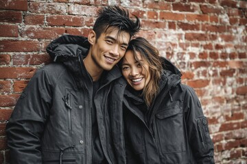 Naklejka premium Portrait of a happy asian couple in their 20s donning a durable down jacket in front of vintage brick wall