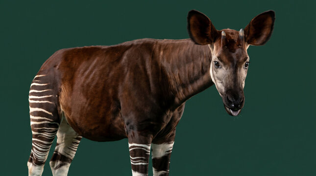 Okapi Standing with Striped Legs on Green Background