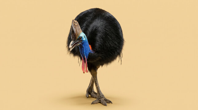 Cassowary with Blue Neck and Helmet on Yellow Background