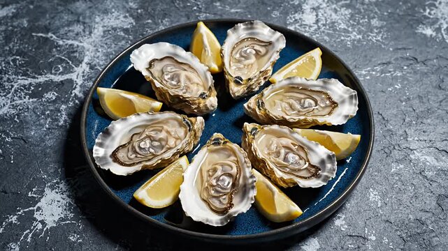 Fresh raw oysters with lemon on blue ceramic plate