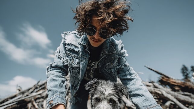 Young Man and Dog Outdoors Under Sunny Sky