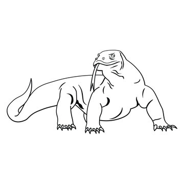 A detailed black and white line art illustration of a Komodo dragon with its tongue flicking out. Perfect for animal-themed coloring pages and educational wildlife worksheets.