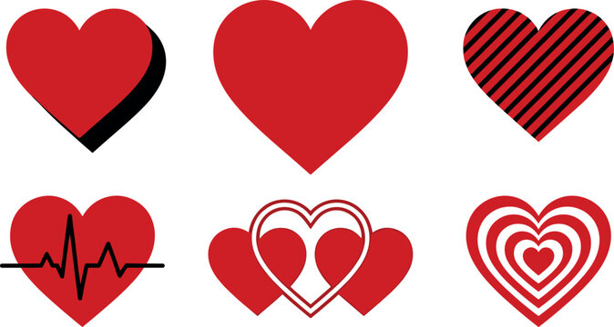 Red hearts shape icons vector set featuring flat love symbols striped pattern heartbeat line interlocking romantic elements for Valentine Day wedding design.