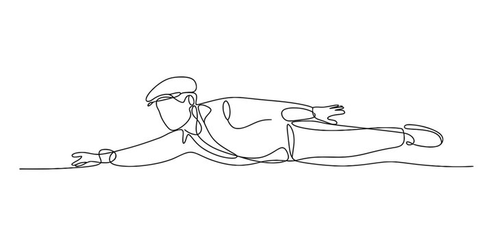 Continuous single line drawing of a man wearing a flat cap lying down on his stomach stretching his arm forward in a relaxed pose minimalist vector illustration Vector, illustration