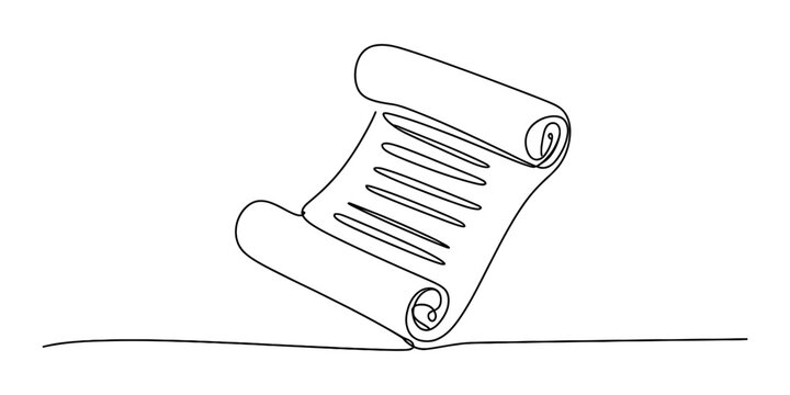 Continuous single line drawing of an old paper scroll with text lines showing a vintage document or ancient manuscript concept in a simple minimalist art style Vector, illustration