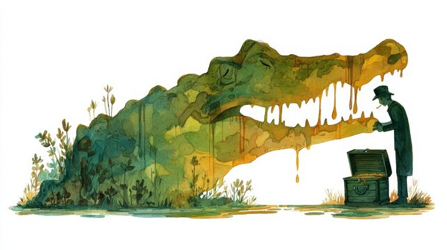 Man stands beside a giant crocodile. He opens a chest near the beast's gaping jaws. The crocodile drips golden light. Tall grass sways in the background. The scene feels ancient and mysterious