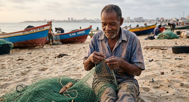 Elderly Angolan fisherman mending nets on the beach of Ilha de Luanda.