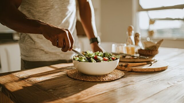 Person tossing fresh green salad in a wooden bowl