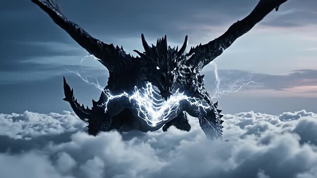 Giant fantasy dragon flying through clouds with lightning bolts.