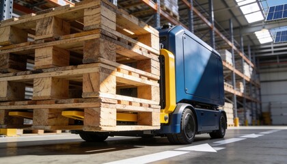 Naklejka premium Autonomous pallet mover transporting stacked wooden pallets through warehouse aisle