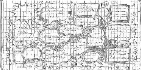 Obraz premium Hand-Drawn Mind Map of Ideas: A detailed, hand-drawn mind map laid out on gridded paper, featuring interconnected speech bubbles and text, illustrating a complex network of thoughts and concepts.