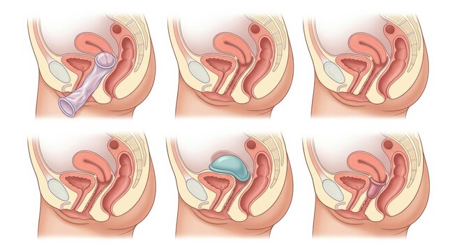 This collection presents various contraception methods, detailing their functions and placements for better understanding in womens health.