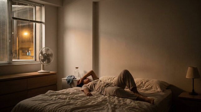 Sleepless person coping with hot apartment bedroom during a heatwave night