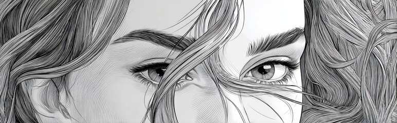 Fototapeta premium Close up monochrome illustration of a woman with long flowing hair and detailed eyes