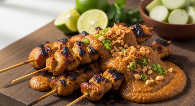 Delicious grilled chicken satay skewers with peanut sauce and lime.