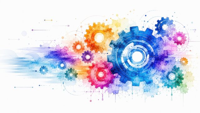 Gears engineering mechanics industrial watercolor concept. Colorful interconnected gears with digital network lines on white background