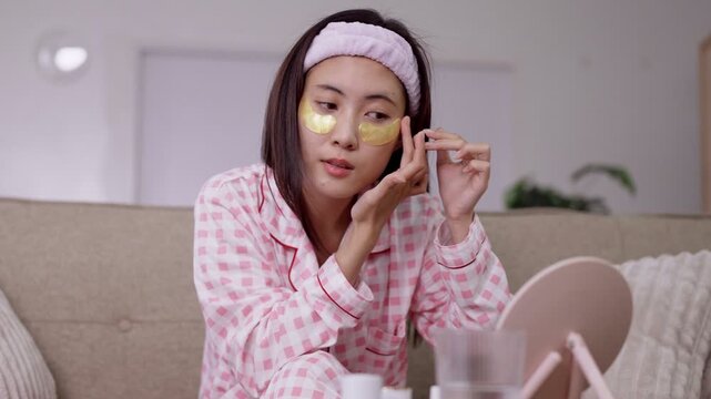 young Asian women applying gold eye patches doing morning skincare routine beauty treatment wearing pink pajamas relaxing at home living room holding mirror