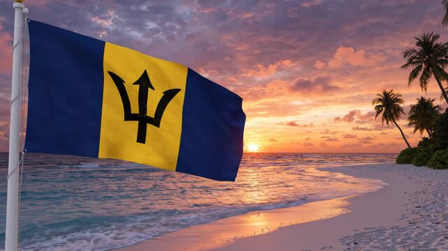 Barbados flag on beach at sunset