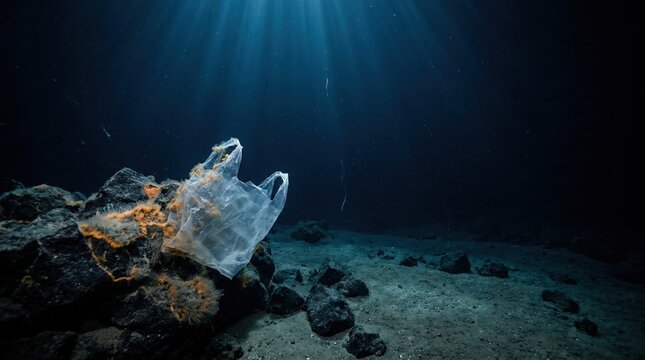 Deep Ocean Plastic Bag with Bacterial Mats on Rocky Seafloor