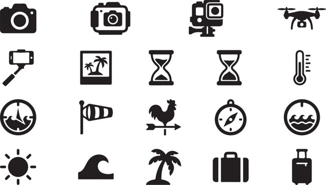 Black and white set of various and animals including camera television bicycle and elephant