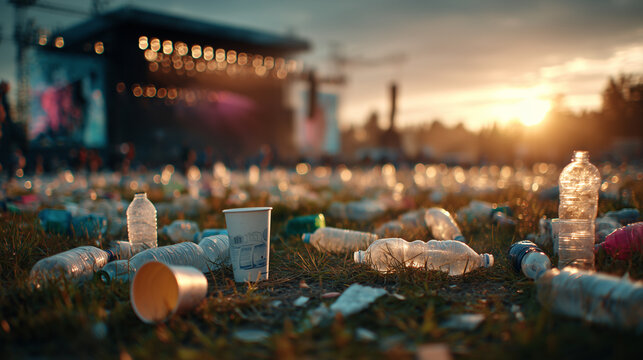 Plastic waste and disposable cups covering festival ground after outdoor music event at sunset