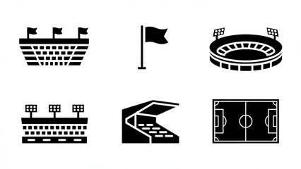 Set of black stadium and sports arena icons for soccer and football matches © Mafijul