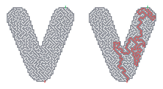 Alphabet letter V maze design with solved path on transparent background  