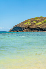 Naklejka premium Tourists snorkeling in the clear turquoise ocean water at Hanauma Bay