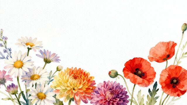 Watercolor floral arrangement with daisies and poppies