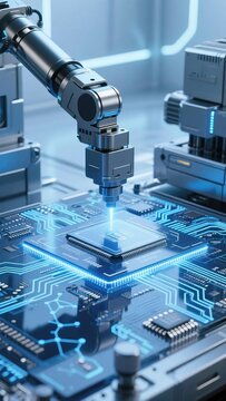 Smart robotic industrial mechanical arm processing glowing computer chip on circuit board representing modern artificial intelligence manufacturing and advanced semiconductor technology