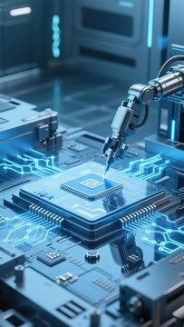 Industrial robotic arm working on glowing blue processor chip on circuit mother board inside high tech factory for modern semiconductor and artificial intelligence production