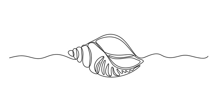 Single line drawing of a seashell with wavy lines representing water