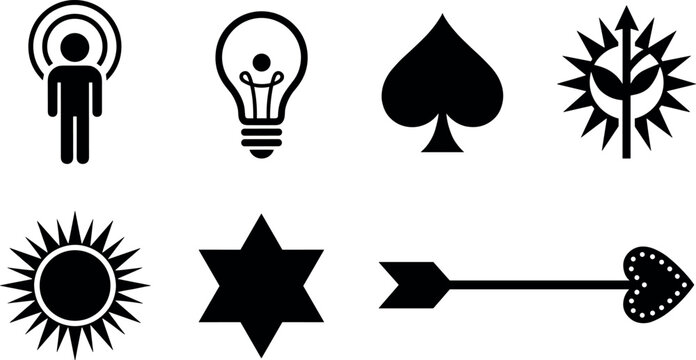 Esoteric and mystical design elements black glyph icons set featuring human aura, lightbulb idea, ace of spades, sunburst, hexagram star, and cupid love arrow graphics.
