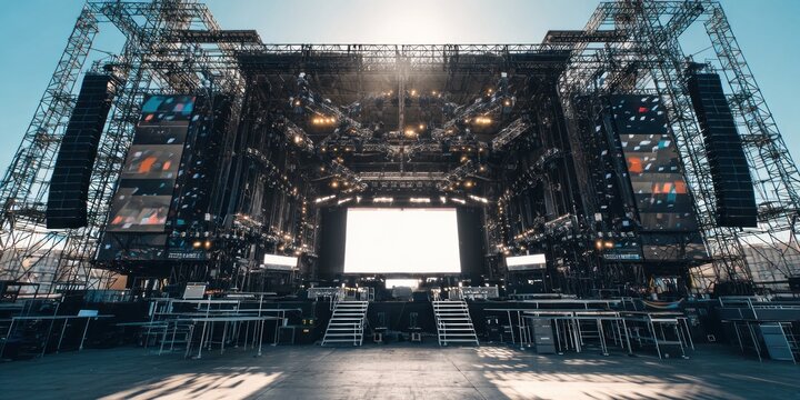 Large concert stage structure with bright lights and empty stage during daylight