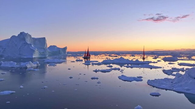 Segelboote mit roten Segeln zwischen Eisbergen in Ilulissat in Gr&ouml;nland in der wundersch&ouml;nen bunten und romantischen Mitternachtssonne