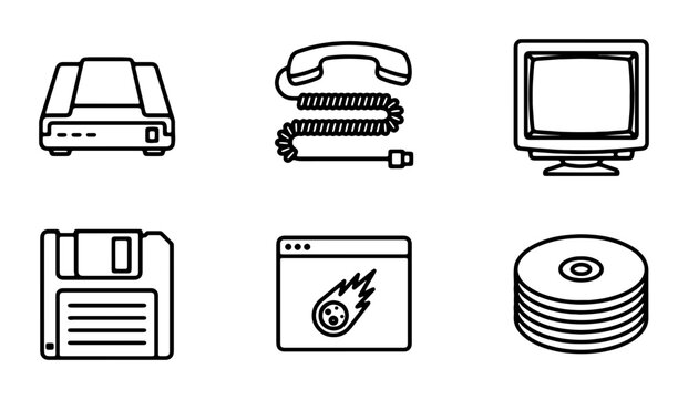 Retro Technology Icons: Floppy Disk, CRT Monitor, Rotary Phone, CD Stack, Modem, Web Browser