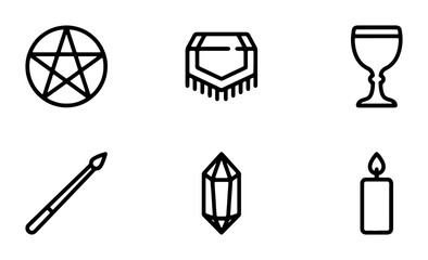 Obraz premium Mystic Symbols Set: Pentagram, Crystal, Wand, Chalice, Candle, Blanket Icons