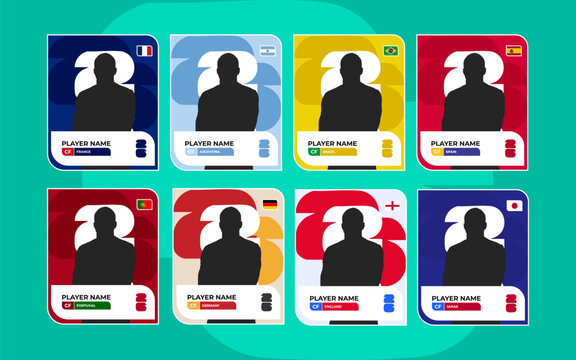 World Cup 2026 soccer trading card templates bundle. Customizable football player cards with photo placeholders for France, Argentina, Brazil, Spain, Portugal, Germany, England, and Japan.