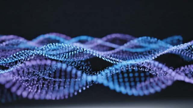 Abstract glowing blue and purple DNA double helix structure with shimmering particles in a dark scientific laboratory