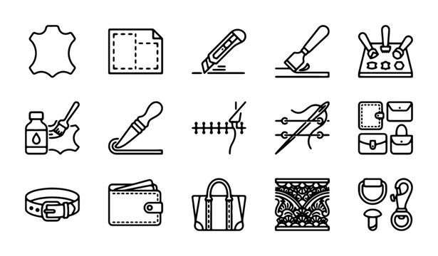 Leather Crafting Tools and Accessories Vector Icons Set, Leather Goods, Handcraft Supplies