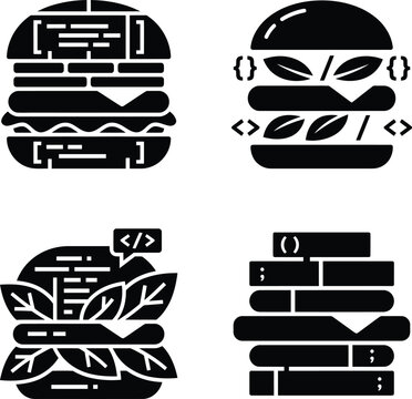 Assortment of four innovative minimalist black and white burger icons with various software programming code elements.